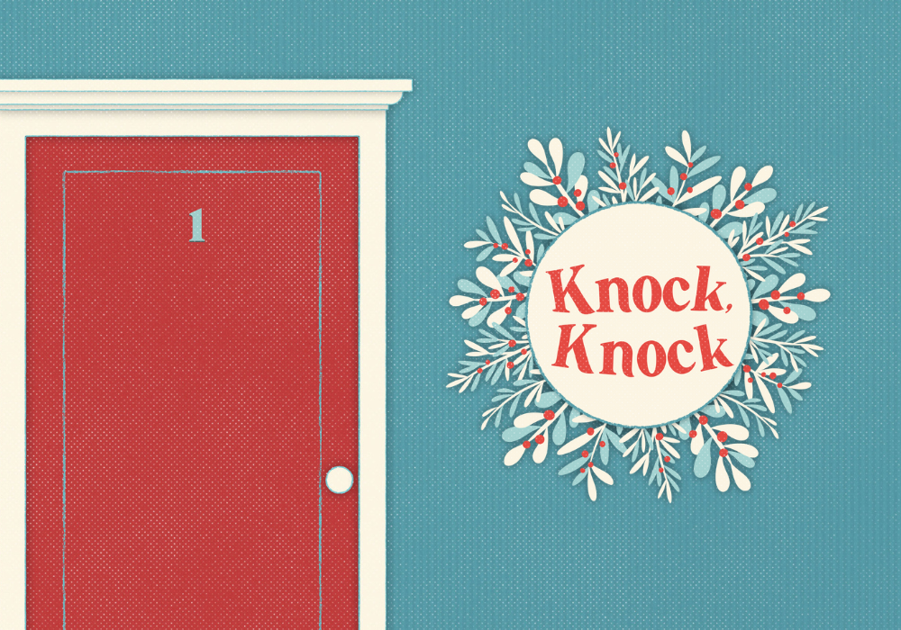 A red door on a blue wall with wreath hanging on the door, containing text “Knock, Knock” in a red serif font.