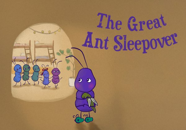 Purple illustrated ant on a tan background with text reading 