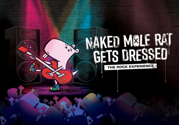 Pink and green stage lights shine down onto illustrated mole rat playing a guitar with text reading 