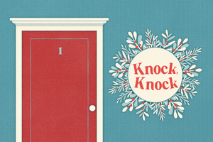 A red door against a blue background.  The title KNOCK, KNOCK appears in the center of a wreath.   