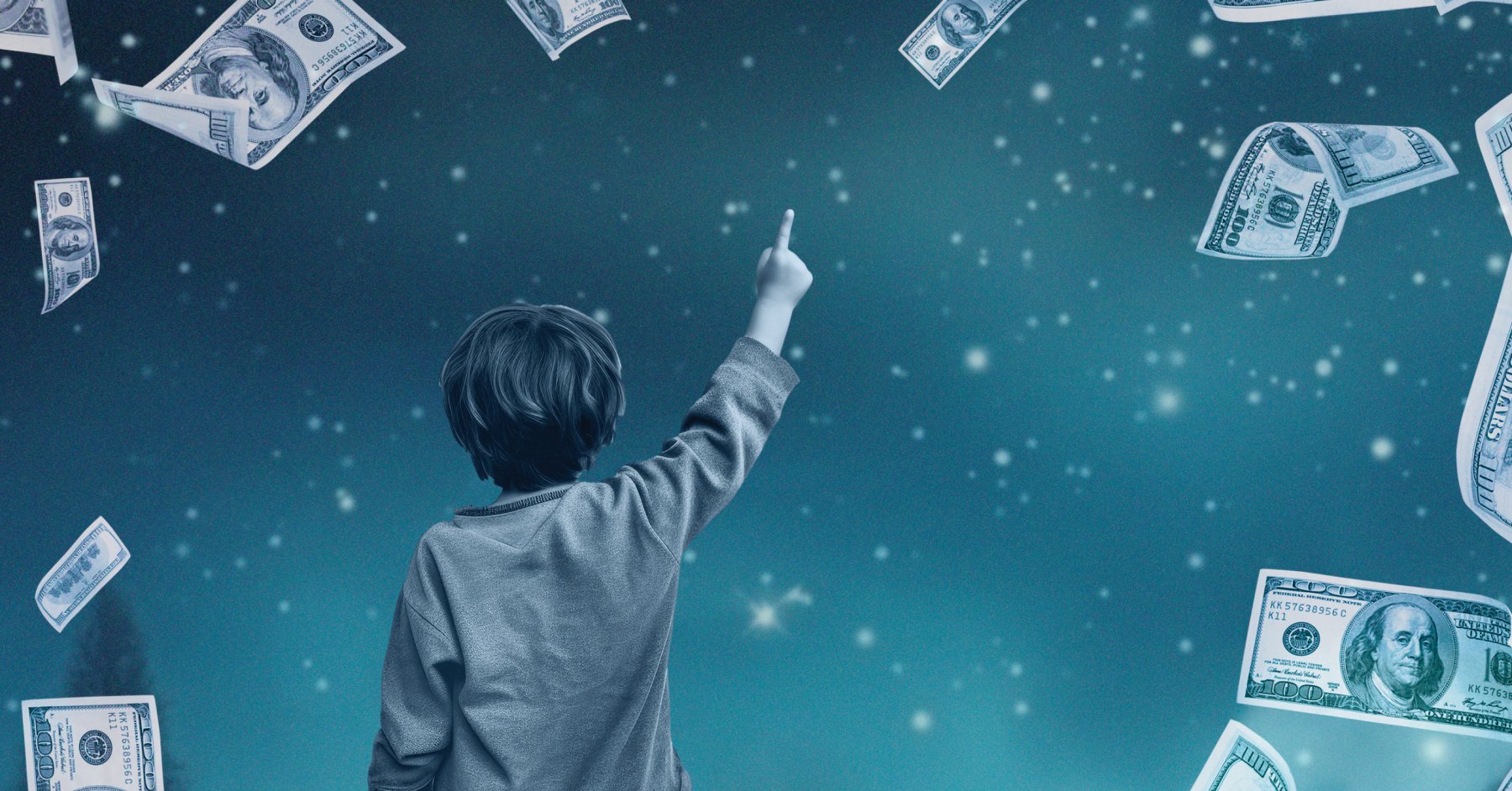 Child pointing at the night sky while dollar bills fall down around him with text reading "Millions" in lowercase, serif font.