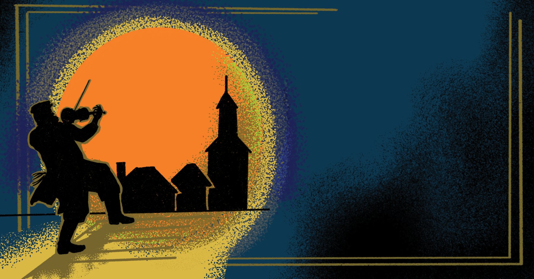 Text “Fiddler on the Roof” in bold yellow text against an orange circle, with a black silhouette of a man playing a fiddle in front of a house and a church steeple in the foreground, set on a dark blue background.