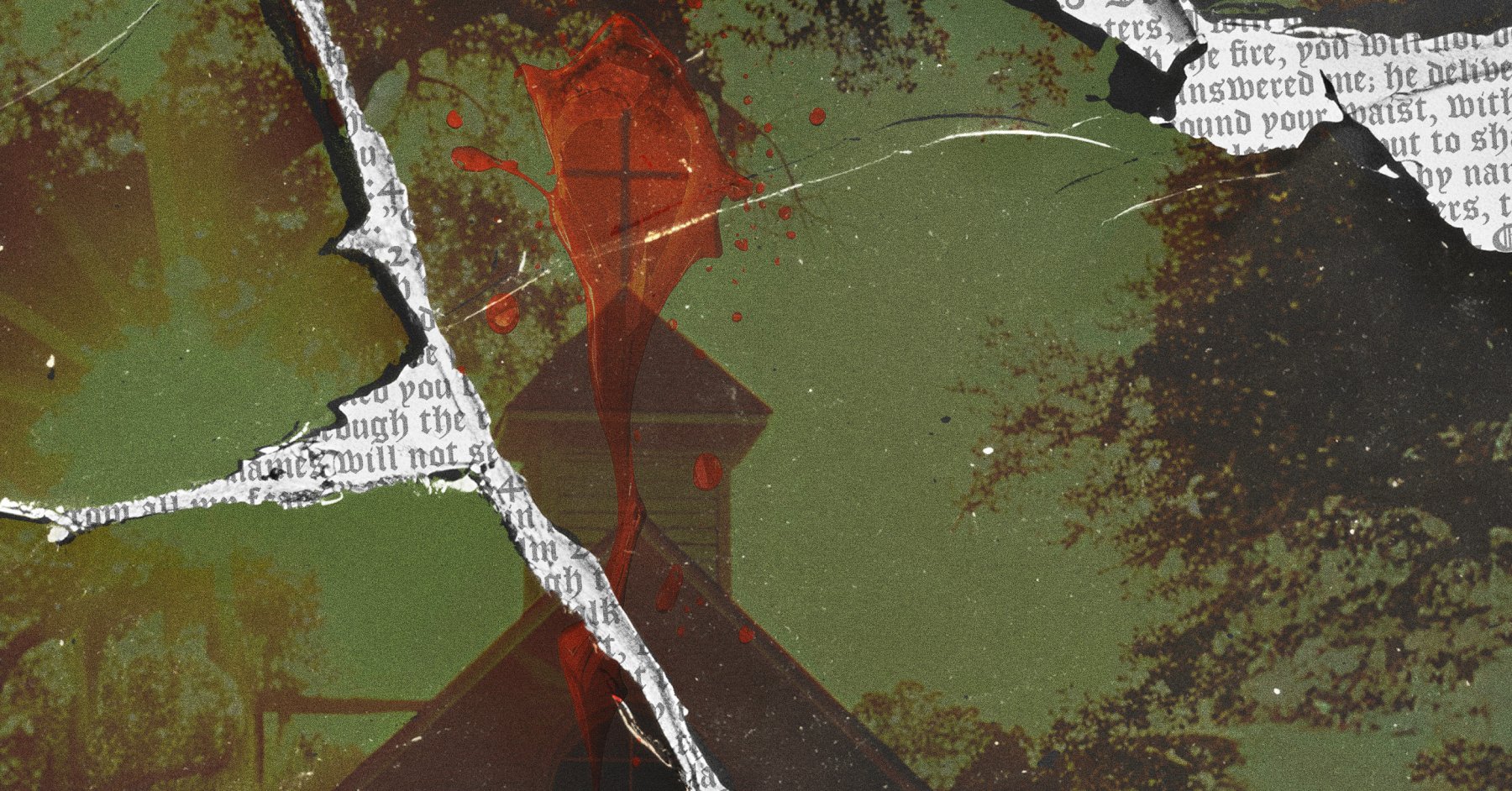 A dark, torn image featuring the word "Covenant" in red gothic font, with a silhouette of a church and an inverted cross in the background.