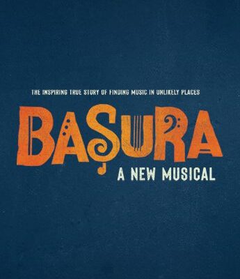 Poster for "Basura: A New Musical" with the tagline "The inspiring true story of finding music in unlikely places" on a dark blue background.