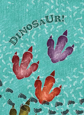 Illustration of three large, colorful dinosaur footprints and smaller human footprints on a teal background, with the word "DINOSAUR!" at the top.