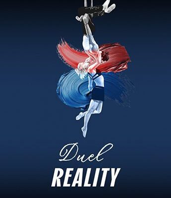 Two acrobats, one in red and one in blue, perform a suspended aerial act against a dark blue background with the text "Duel Reality" below them.
