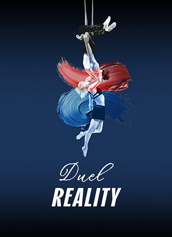 Two acrobats, one in red and one in blue, perform a suspended aerial act against a dark blue background with the text "Duel Reality" below them.