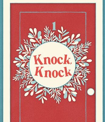 A red door labeled with the number 1 features a wreath and a round sign in the center that reads "Knock, Knock.