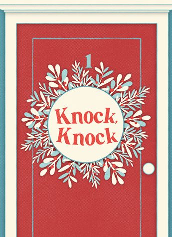 A red door labeled with the number 1 features a wreath and a round sign in the center that reads "Knock, Knock.