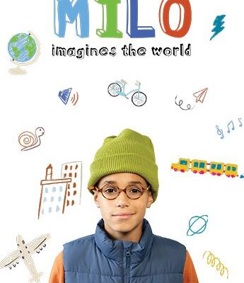 A boy wearing glasses and a green beanie stands in front of playful illustrations and the text "Milo imagines the world.