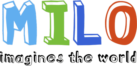 The text "MILO imagines the world" is written in colorful, bold, stylized letters on a white background.