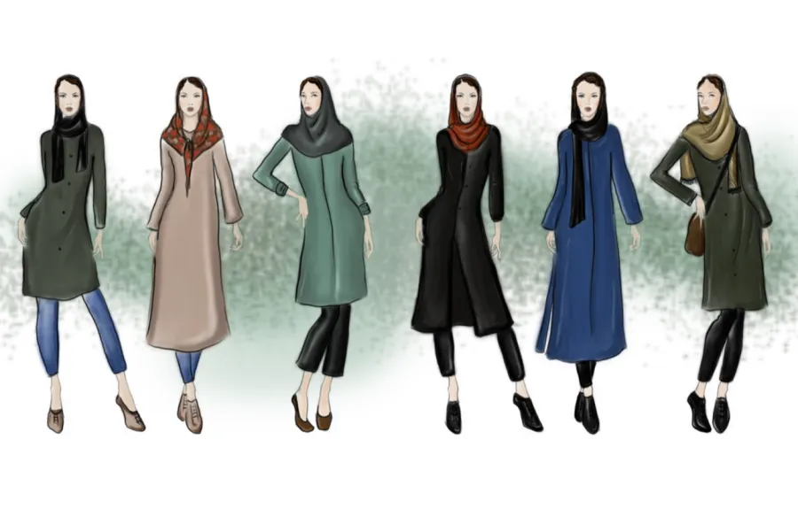 Six women wearing various styles of modest fashion including long coats, scarves, and hijabs, standing in a row against a neutral background.