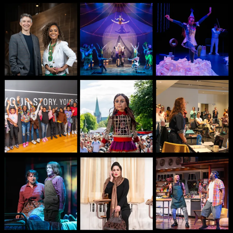 A collage of nine photos showing diverse stage performances, actors, and audiences in various theatrical and cultural settings.