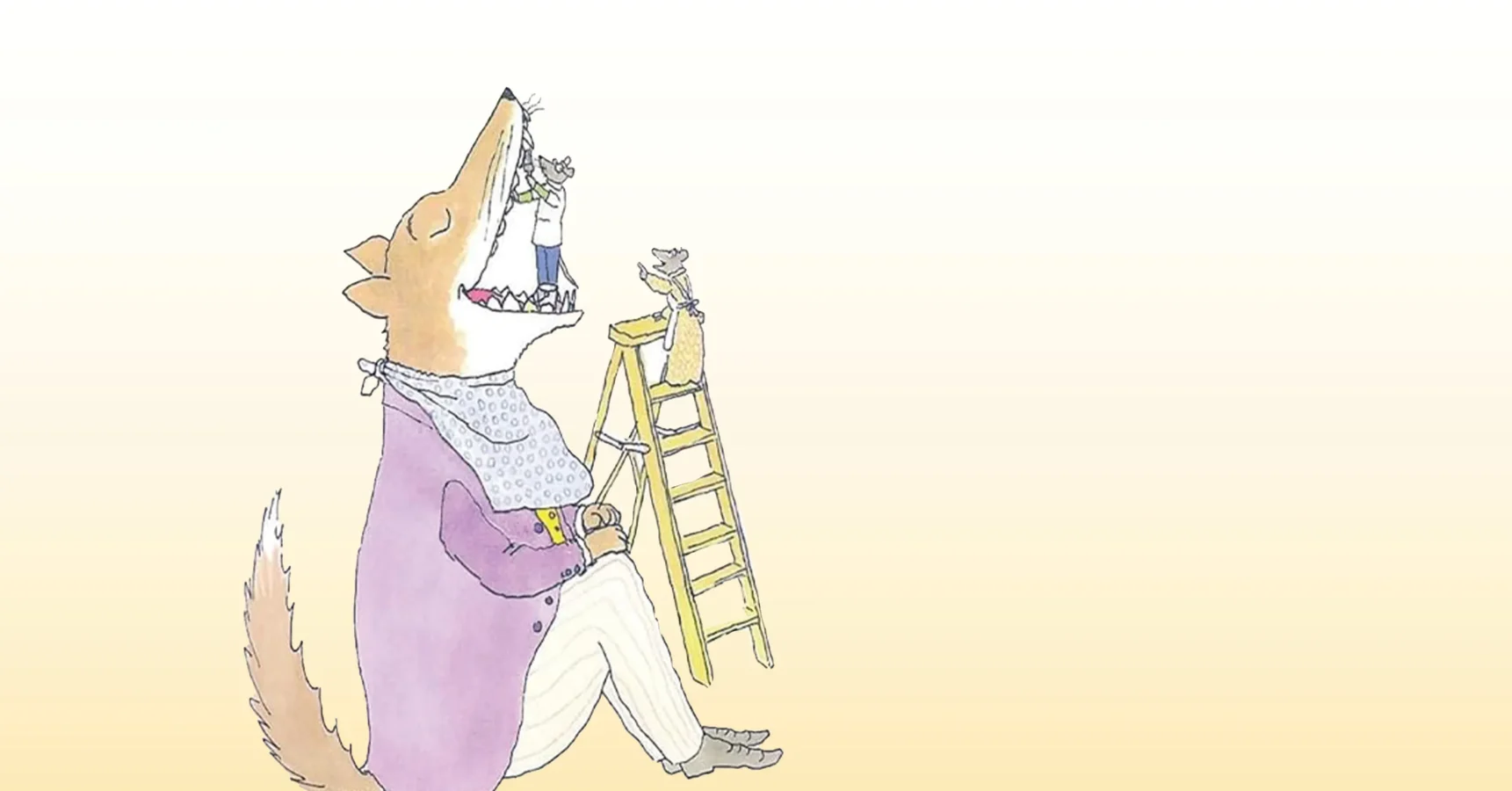 An anthropomorphic fox in a purple coat sits and opens its mouth while a mouse on a ladder feeds it food using a fork.