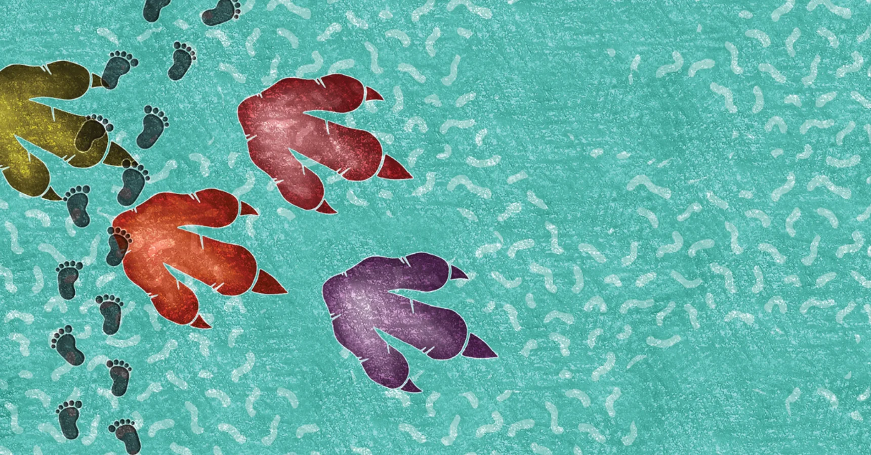 Large colorful dinosaur footprints and small human footprints cross paths on a textured teal surface with scattered white markings resembling faint footprints.