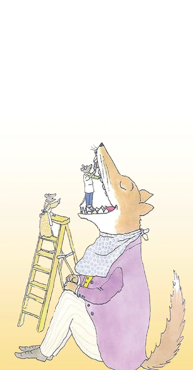 A well-dressed fox sits with mouth open while two mice, one on a ladder, work together to clean the fox's teeth using a brush and a pail.