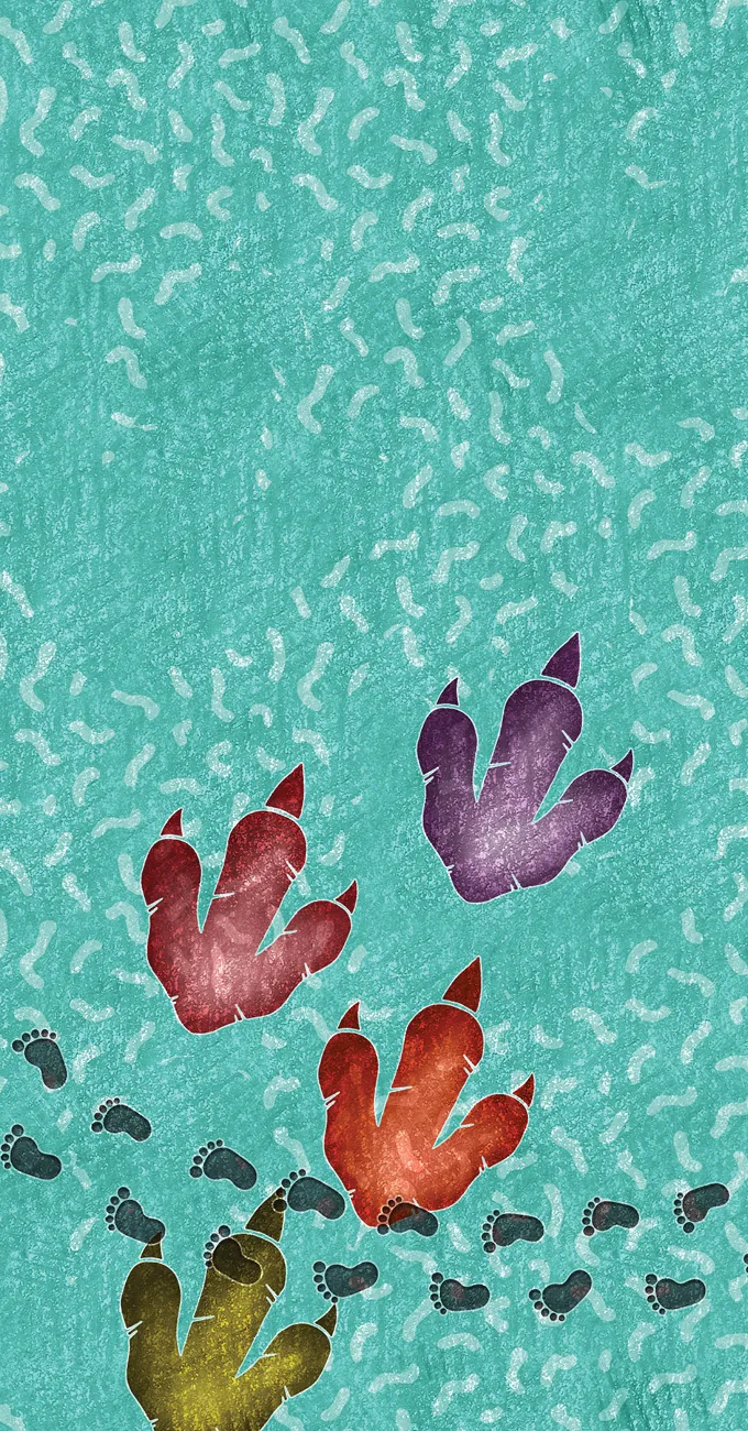 Illustration of three large dinosaur footprints in red, purple, and yellow on a blue textured background, with multiple small human footprints crossing them.