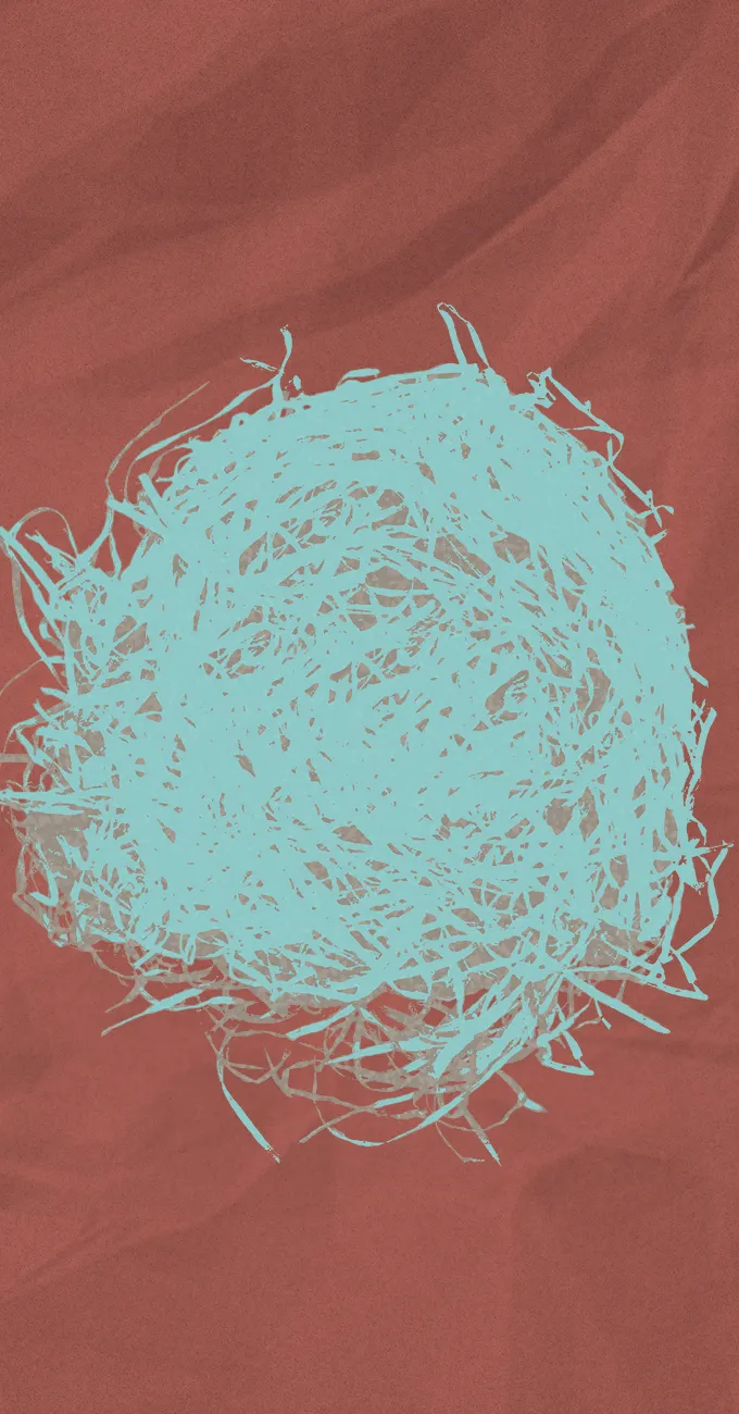 A tangled, light blue scribble forms a circular shape against a textured, reddish-brown background.