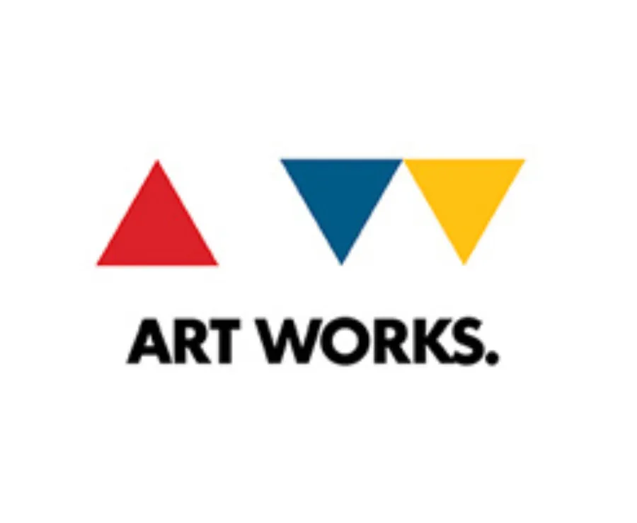 Logo with a red triangle, a blue triangle, and a yellow triangle above the text “ART WORKS.” in black capital letters on a white background.