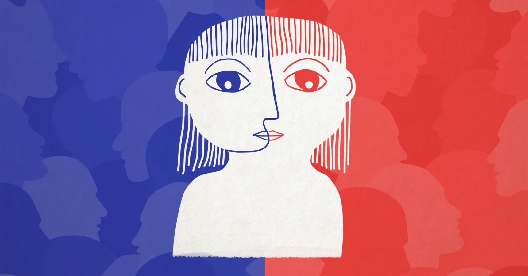An abstract drawing of a face is divided in half by blue and red backgrounds, with overlapping silhouettes of heads in the background.