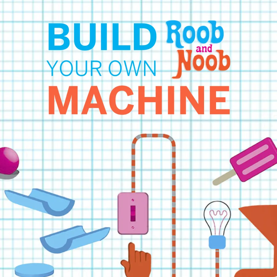 Illustration with the text "Build Your Own Machine Roob and Noob" on graph paper, featuring switches, levers, a light bulb, and cartoon hands.