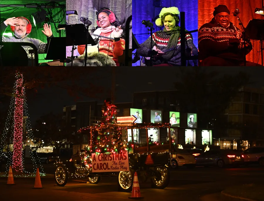 Four people in colorful lights read scripts on stage above, while below, a vintage car decorated with Christmas lights displays a sign for "A Christmas Carol" in a nighttime outdoor setting.