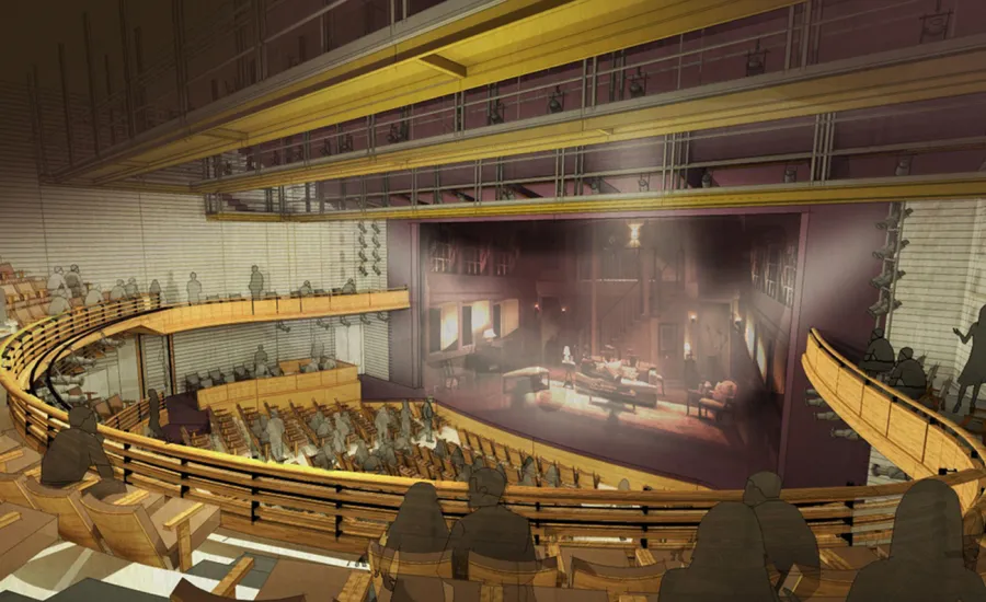 Rendering of a modern theater interior with tiered seating, a balcony, and a set design on stage featuring a detailed living room scene.