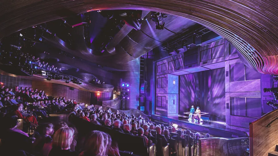 A large audience watches a live stage performance in a modern, architecturally designed theater with dramatic lighting and curved wooden interior features.