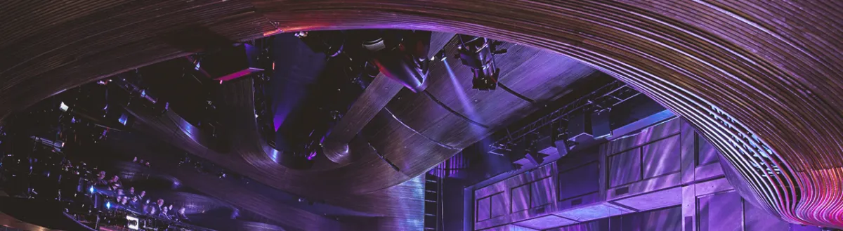 Curved wooden ceiling and lighting rig above a modern theater stage, illuminated with purple and blue lights.