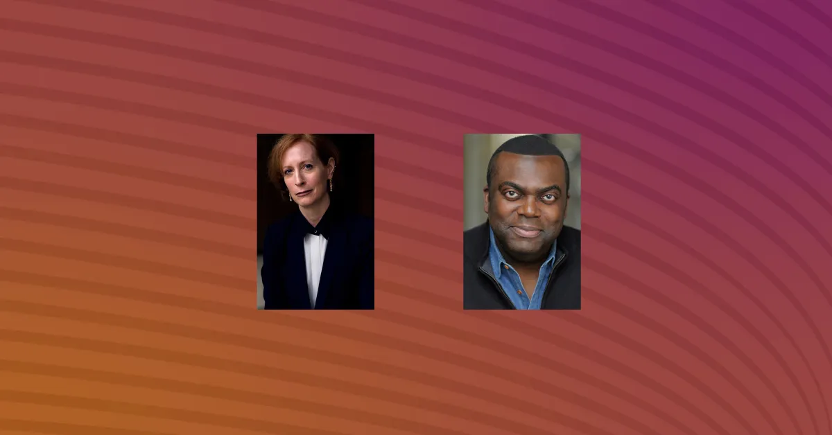 Two people, one on the left and one on the right, are shown in individual portrait photos against a colorful, curved striped background.