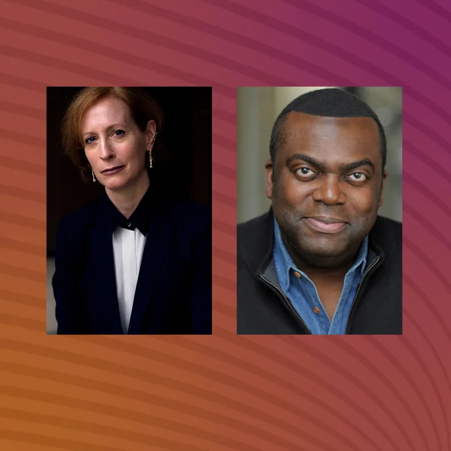 Two people are shown in separate portrait photos, one woman with short red hair wearing a dark jacket, and one man with short black hair wearing a blue shirt and dark sweater.