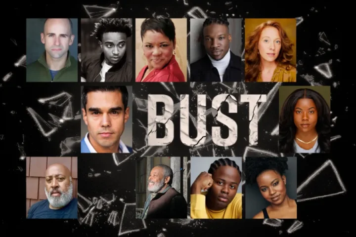 A collage of eleven headshots of diverse individuals arranged around the word "BUST" set against a shattered glass background.