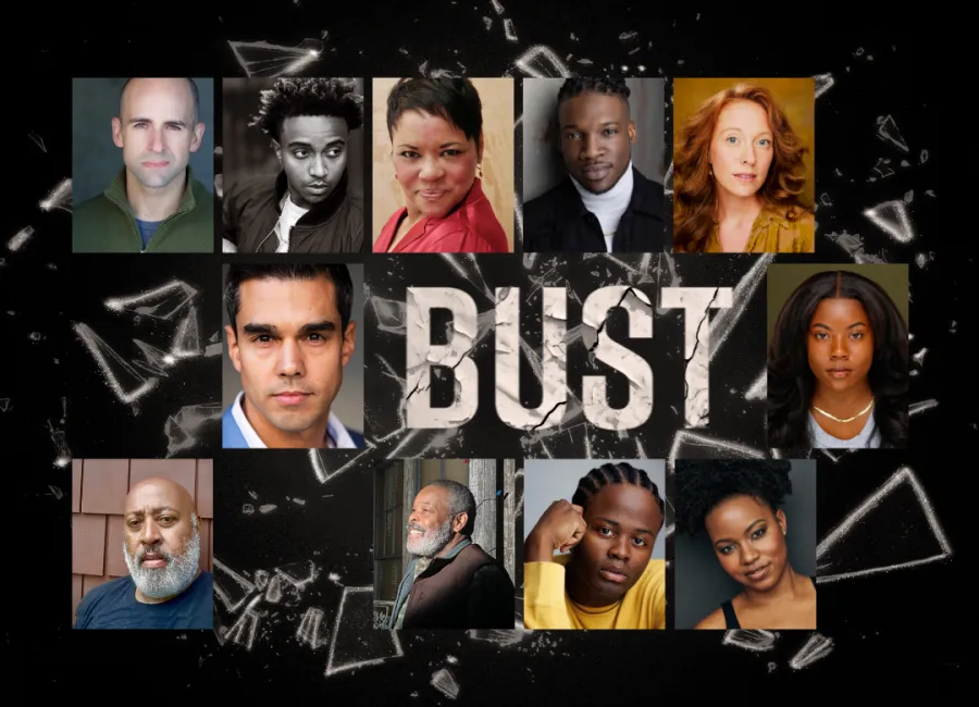 A collage of eleven headshots of diverse individuals arranged around the word "BUST" set against a shattered glass background.