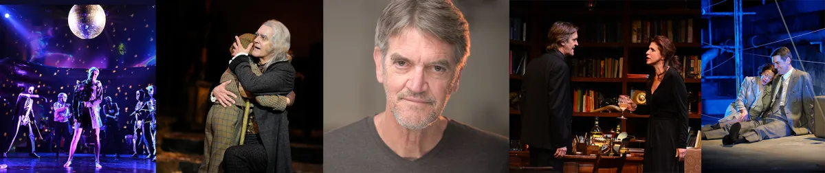 A collage of five images: a stage dance scene, two men hugging, a man's headshot, two people talking in a library, and two people sitting on the floor in a dramatic scene.