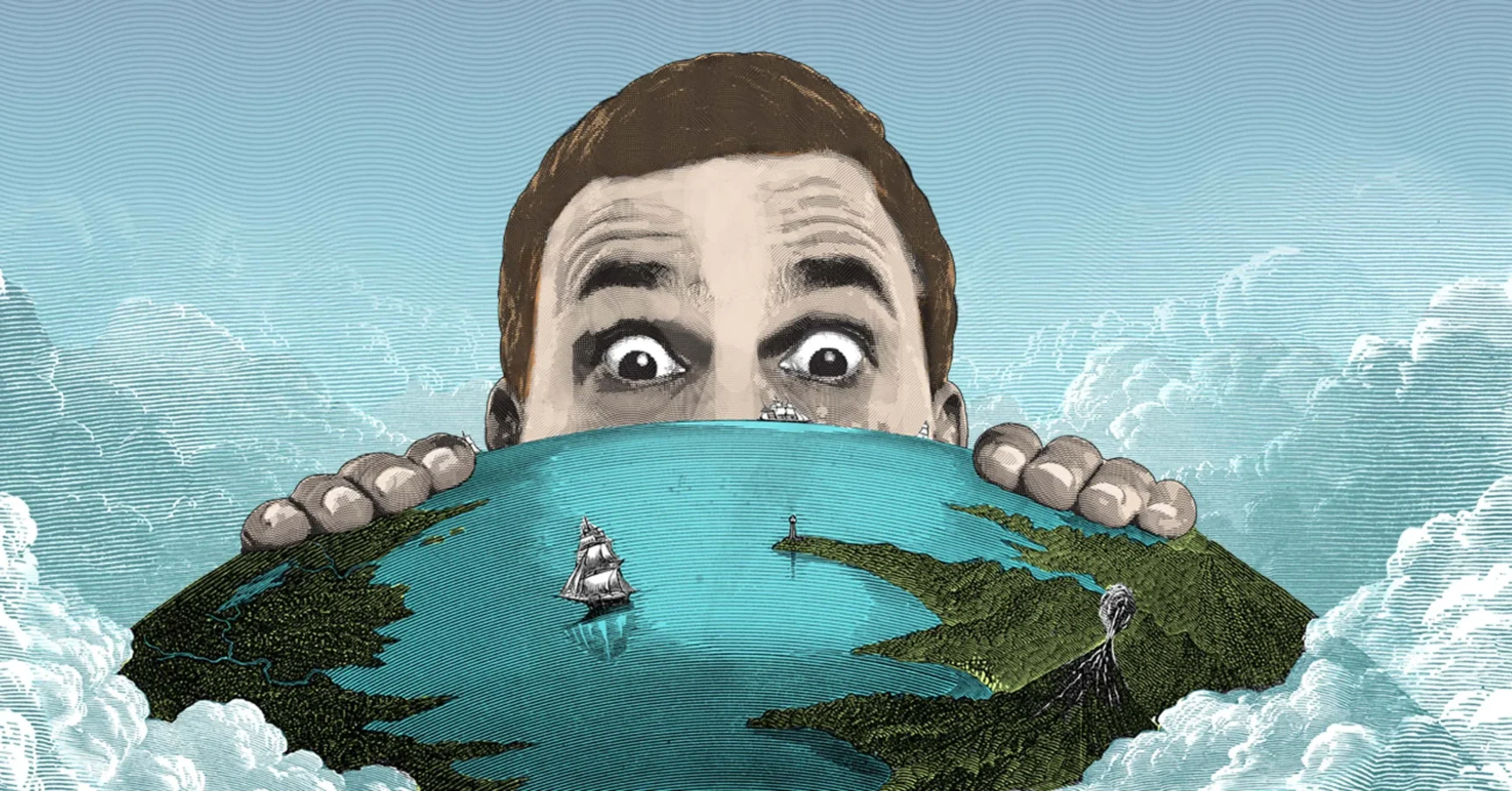 Illustration of a person peering over the edge of a flat, disc-shaped earth with ships sailing on the water, surrounded by clouds.
