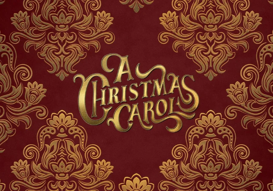 Text "A Christmas Carol" in ornate gold lettering on a red background with a repeating gold decorative pattern.