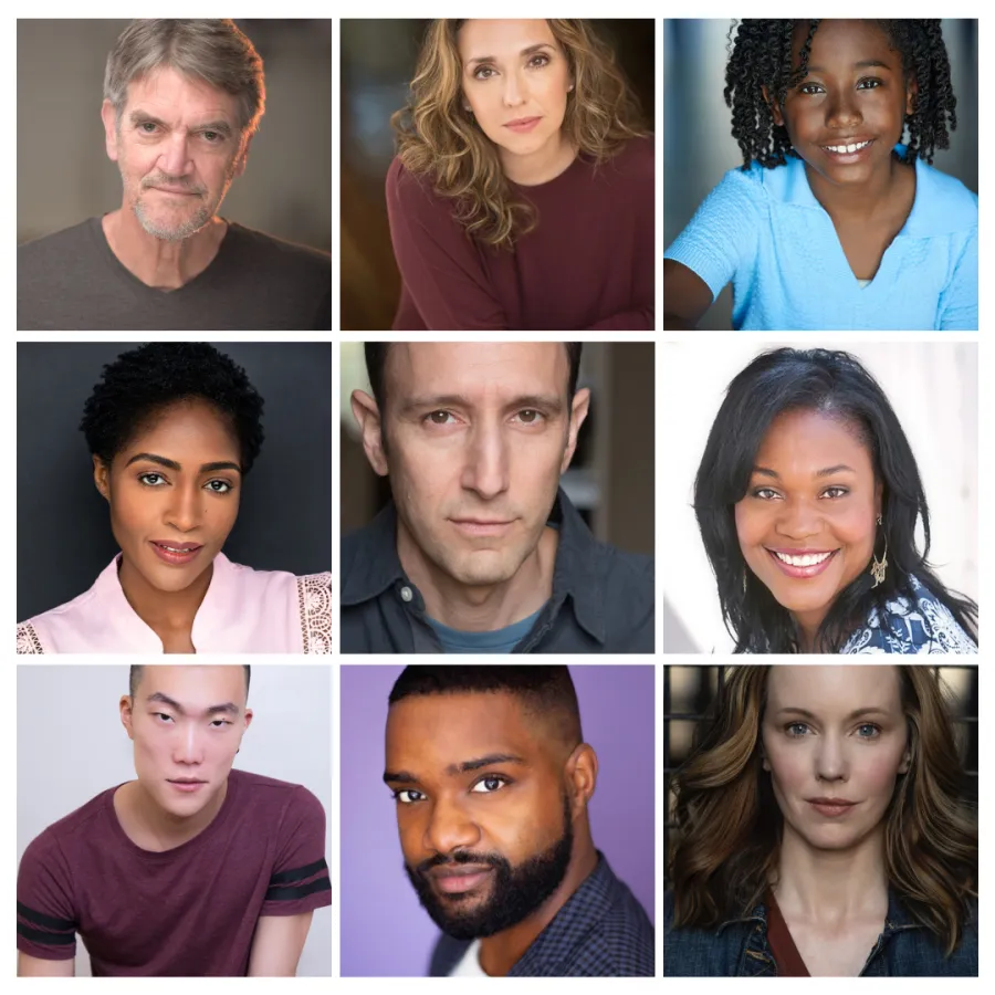 A 3x3 grid of headshots features a diverse group of nine adults, each looking directly at the camera with neutral or slight smiles.