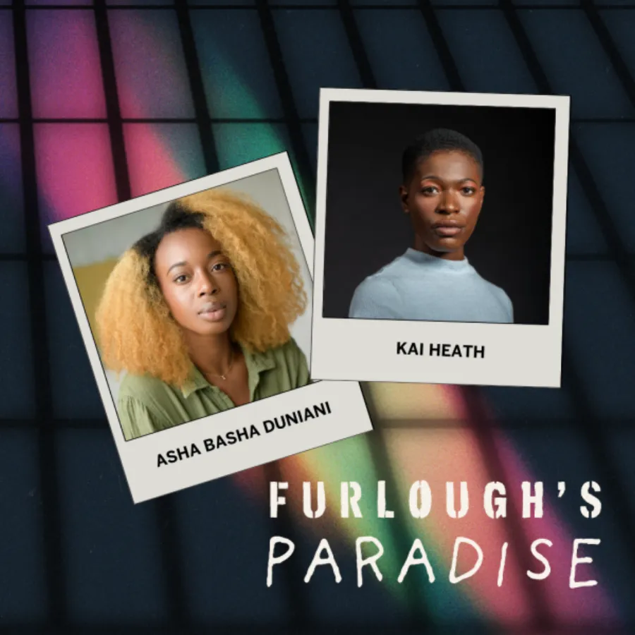 Two portrait photos labeled "Asha Basha Duniani" and "Kai Heath" are placed on a colorful, grid-patterned background with the text "Furlough's Paradise.