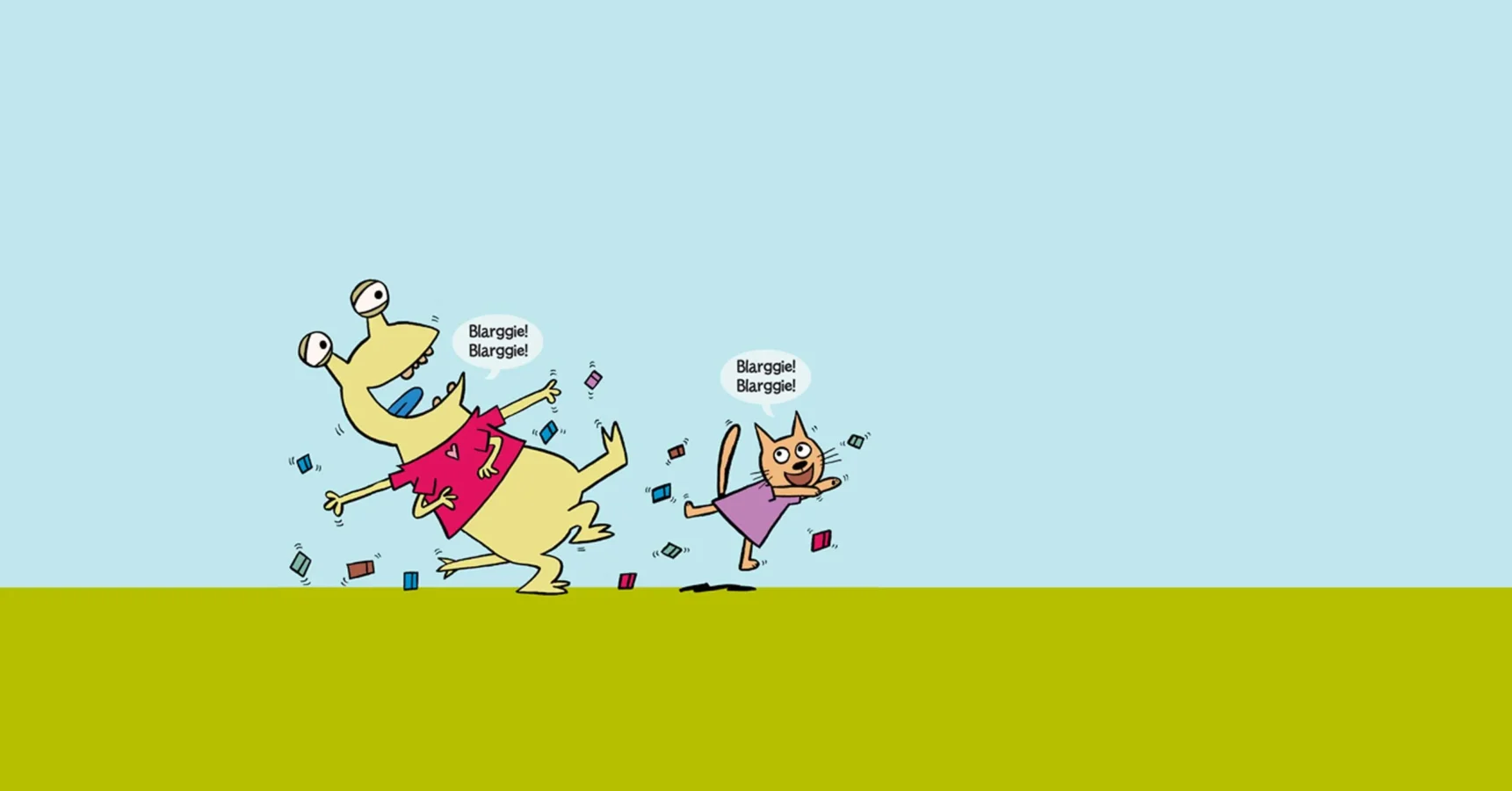 Cartoon of a yellow dog and an orange cat running on grass, both dropping cards and shouting "Burgle! Burgle!" in speech bubbles.