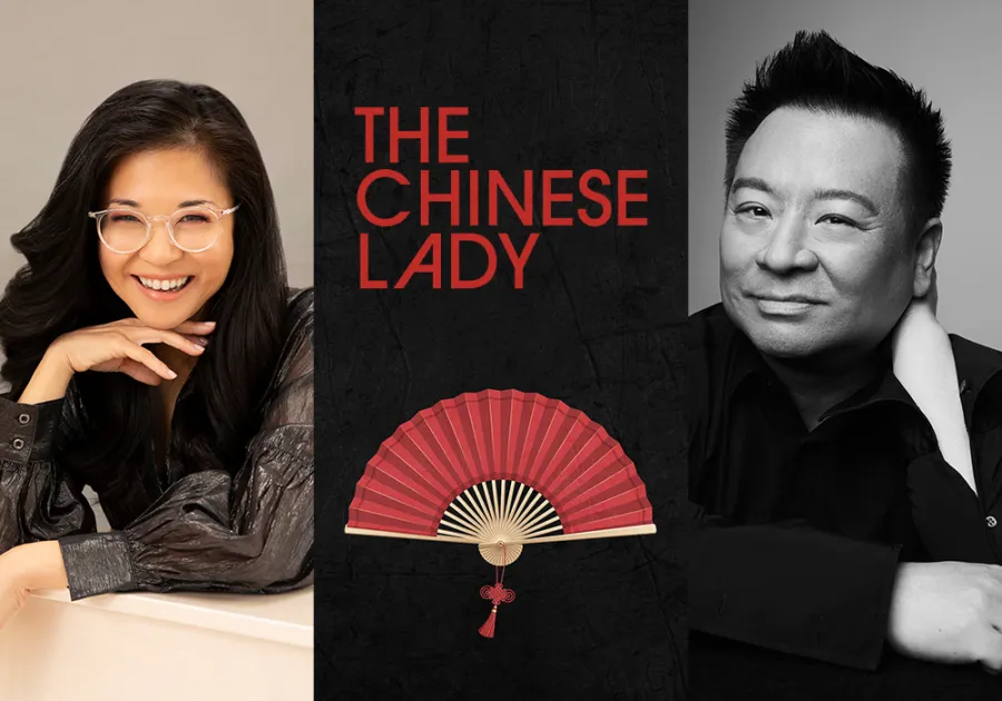 A woman smiling, a red fan with "The Chinese Lady" text, and a man posing with his hand on his chin, all side by side on a split background.