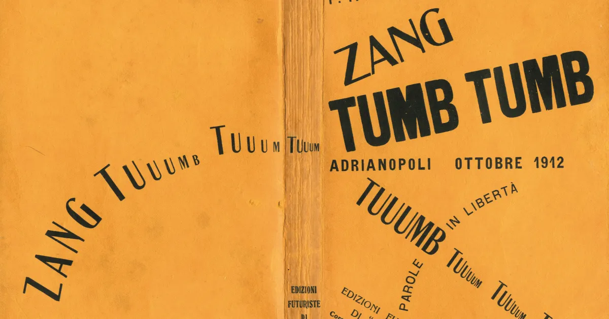 The cover of "Zang Tumb Tuuum" features bold black text in varying sizes and angles on a yellow background, with Italian words and the date "Ottobre 1912.