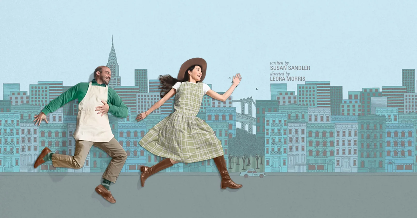A man in an apron and a woman in a green dress and brown hat run joyfully against an illustrated cityscape background.