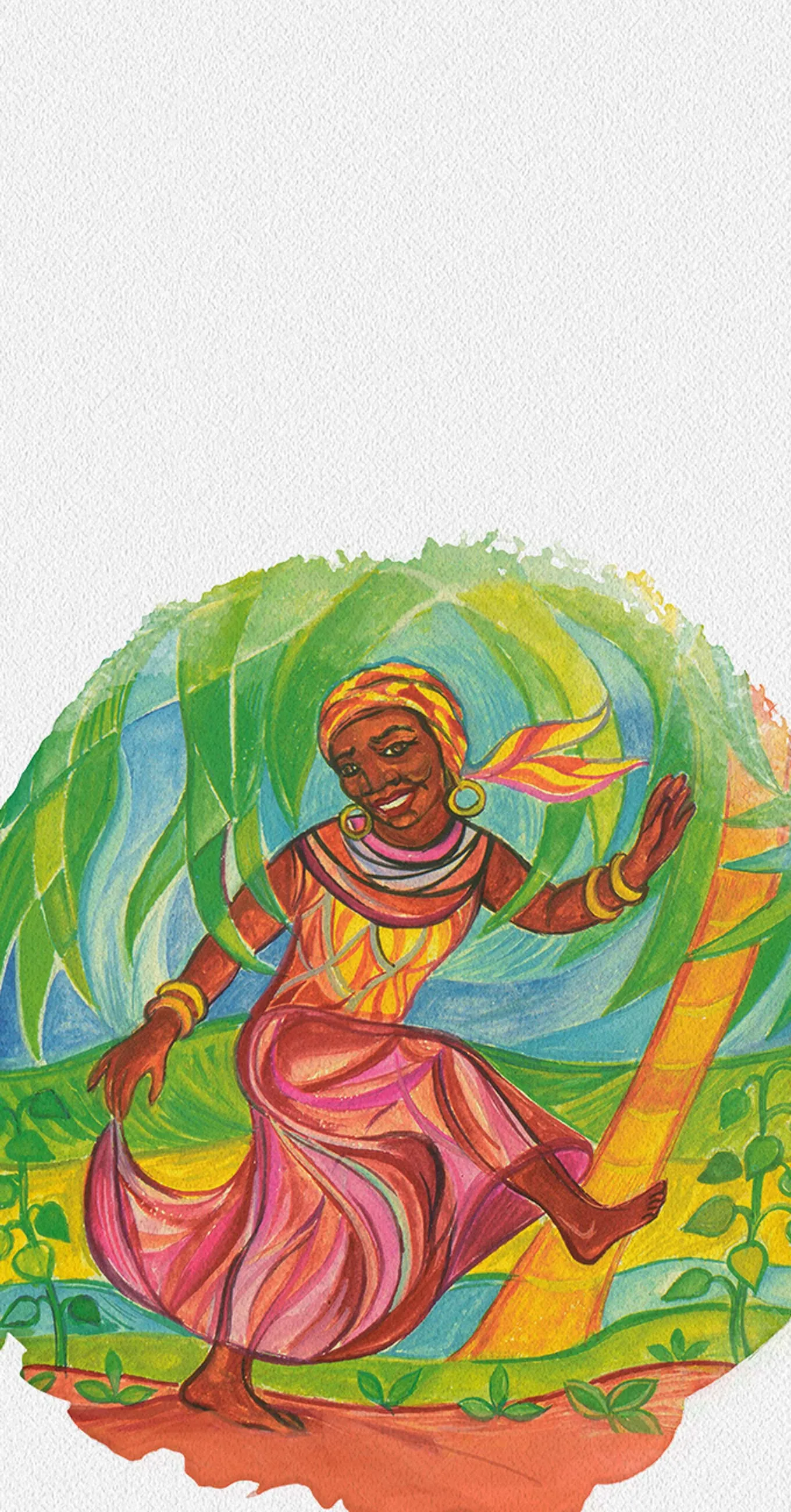 Colorful illustration of a smiling woman in a pink dress and headscarf, dancing outdoors with greenery and a bright sky in the background.