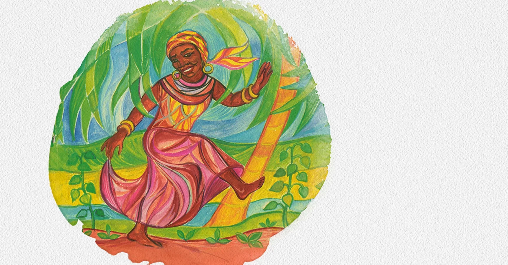 An illustration of a smiling woman dancing outdoors, wearing a colorful dress, headscarf, and jewelry, with green plants and abstract shapes in the background.
