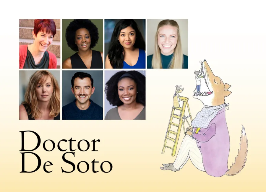 A collage of seven actors’ headshots is shown above the title "Doctor De Soto" and an illustration of a mouse dentist treating a fox's tooth.