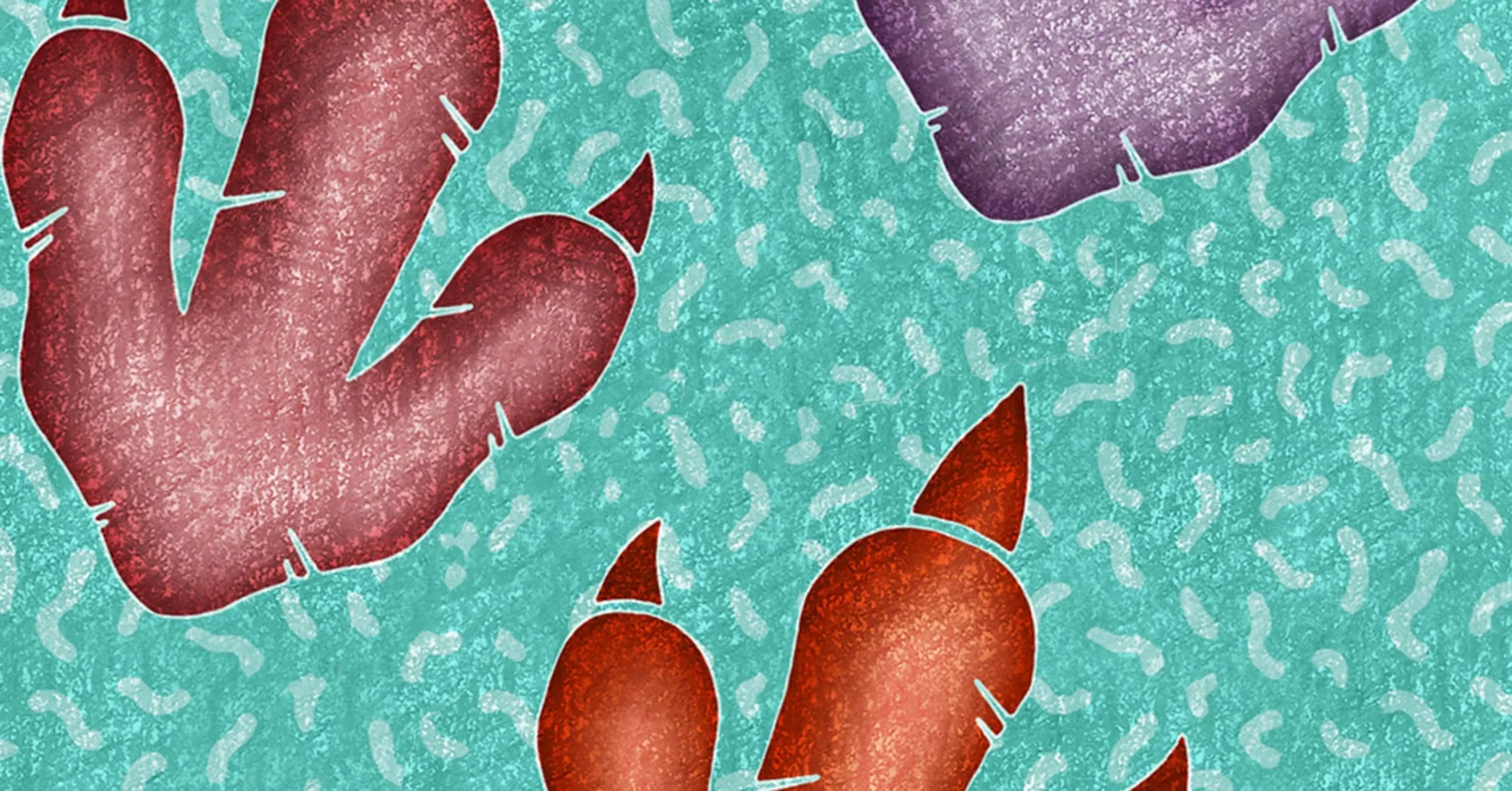 Illustration of three dinosaur footprints in red, orange, and purple on a textured teal background with abstract patterns.