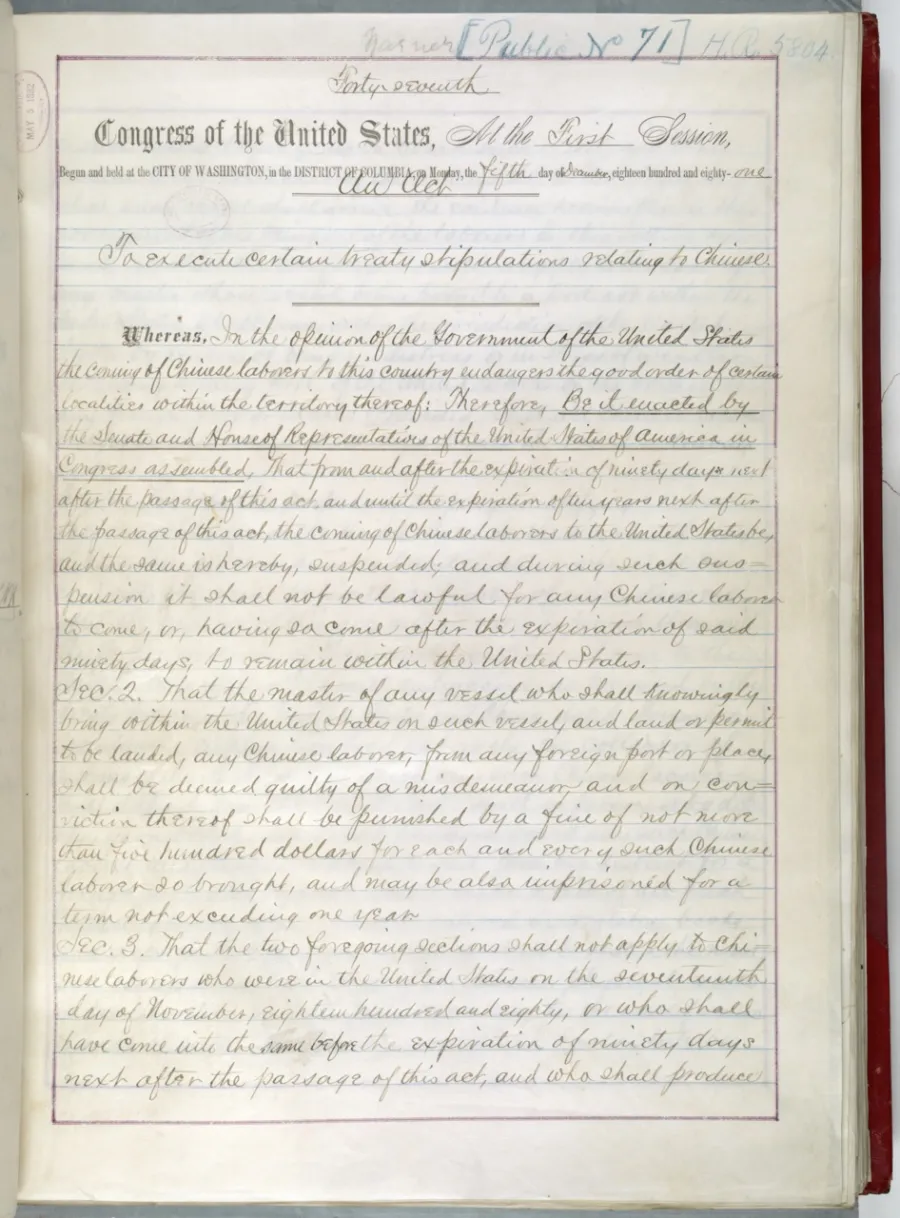 A handwritten page titled "Congress of the United States" details treaty stipulations relating to Chinese laborers in formal, cursive script on lined paper.