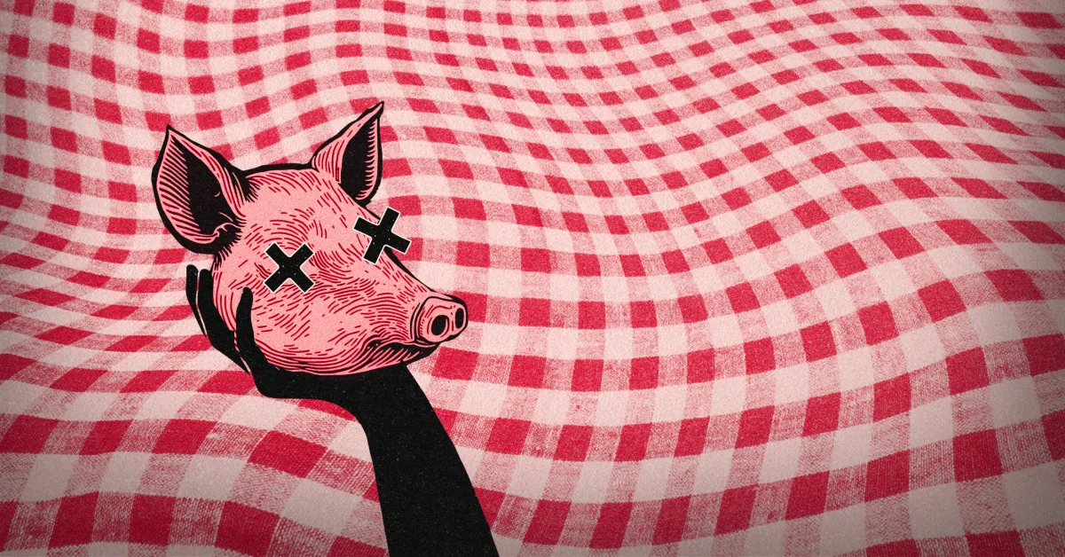 A hand holds a cartoonish, severed pig's head with Xs for eyes against a red and white checkered, wavy background.