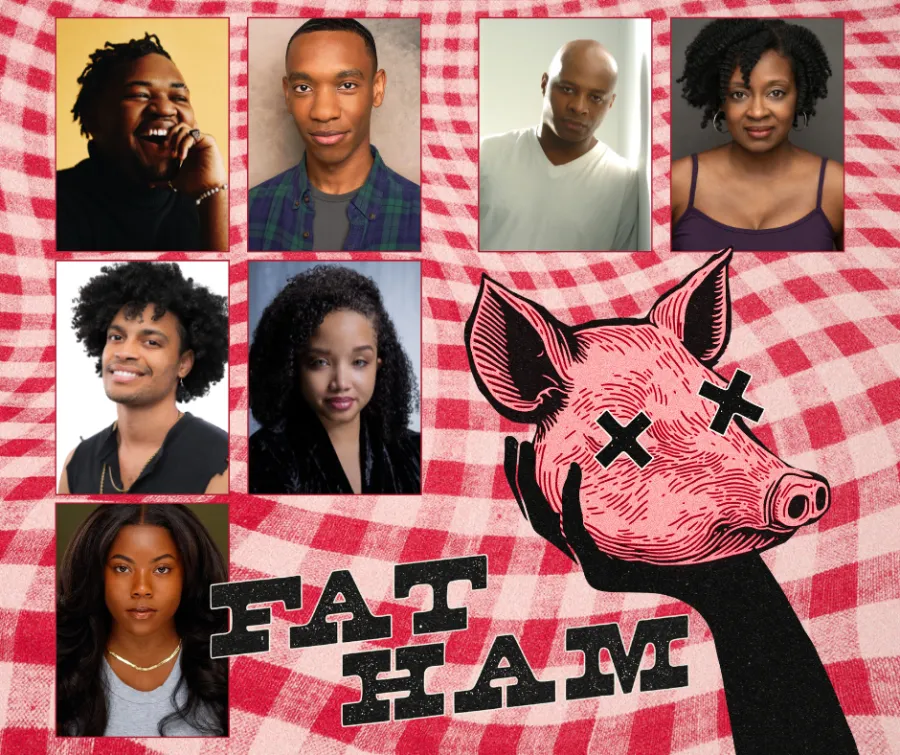 A collage of seven headshots of people above an illustrated pig's head with Xs for eyes and the words "FAT HAM" on a red checkered background.