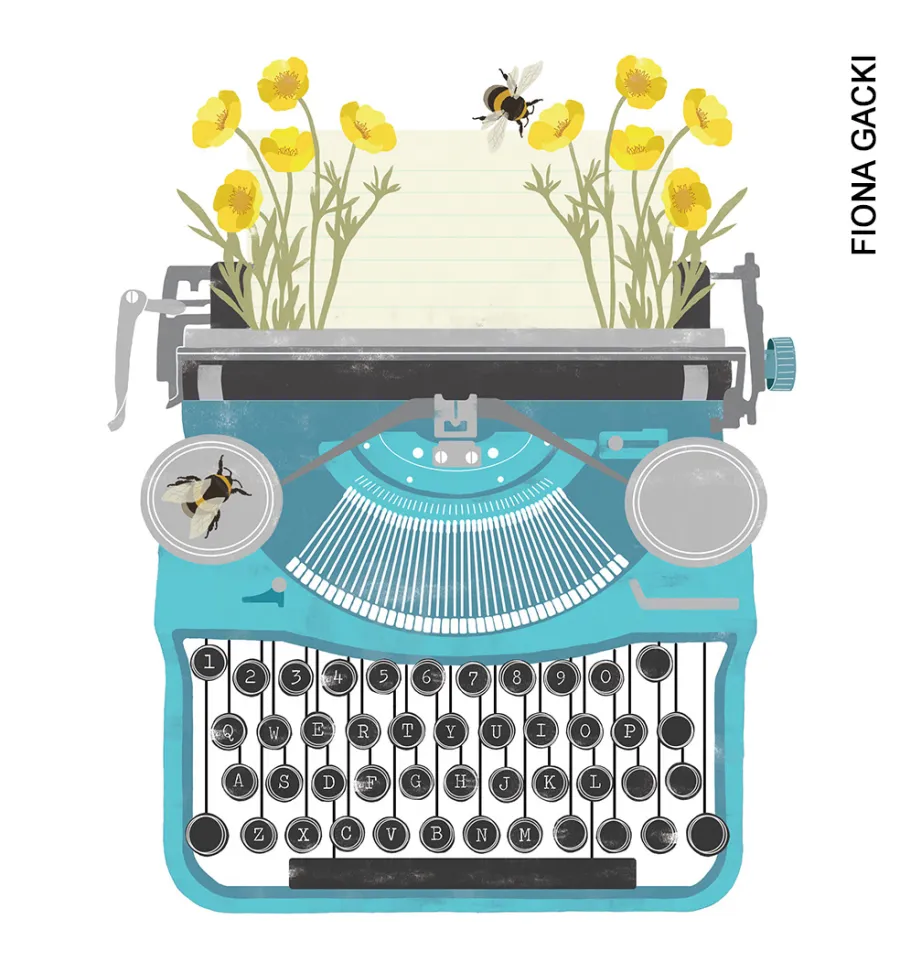 Illustration of a blue vintage typewriter with yellow flowers, greenery, and bees emerging from the paper, by artist Fiona Gacki.